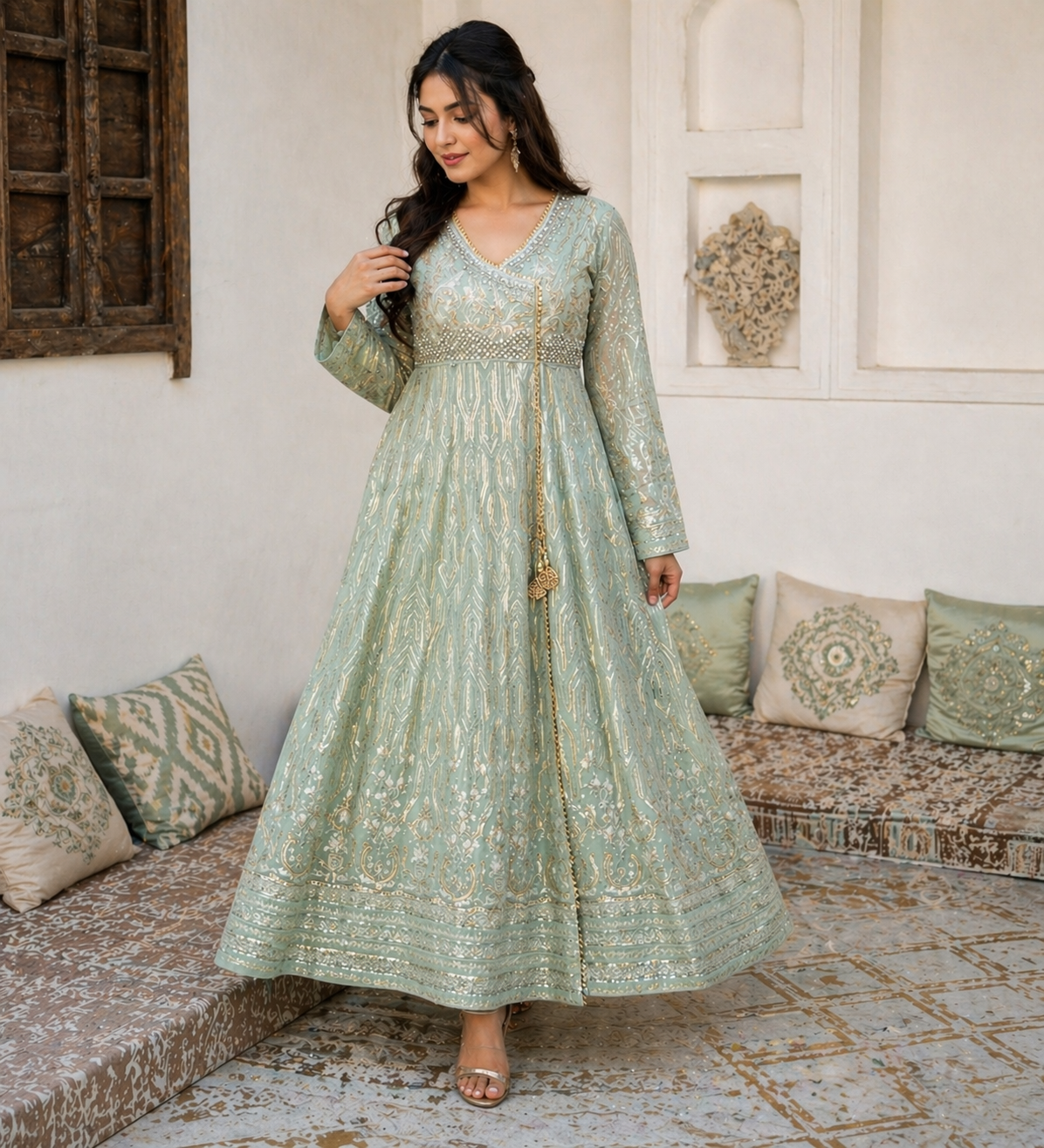 Elegant Afghan Traditional Dress Set – Mint Green 1