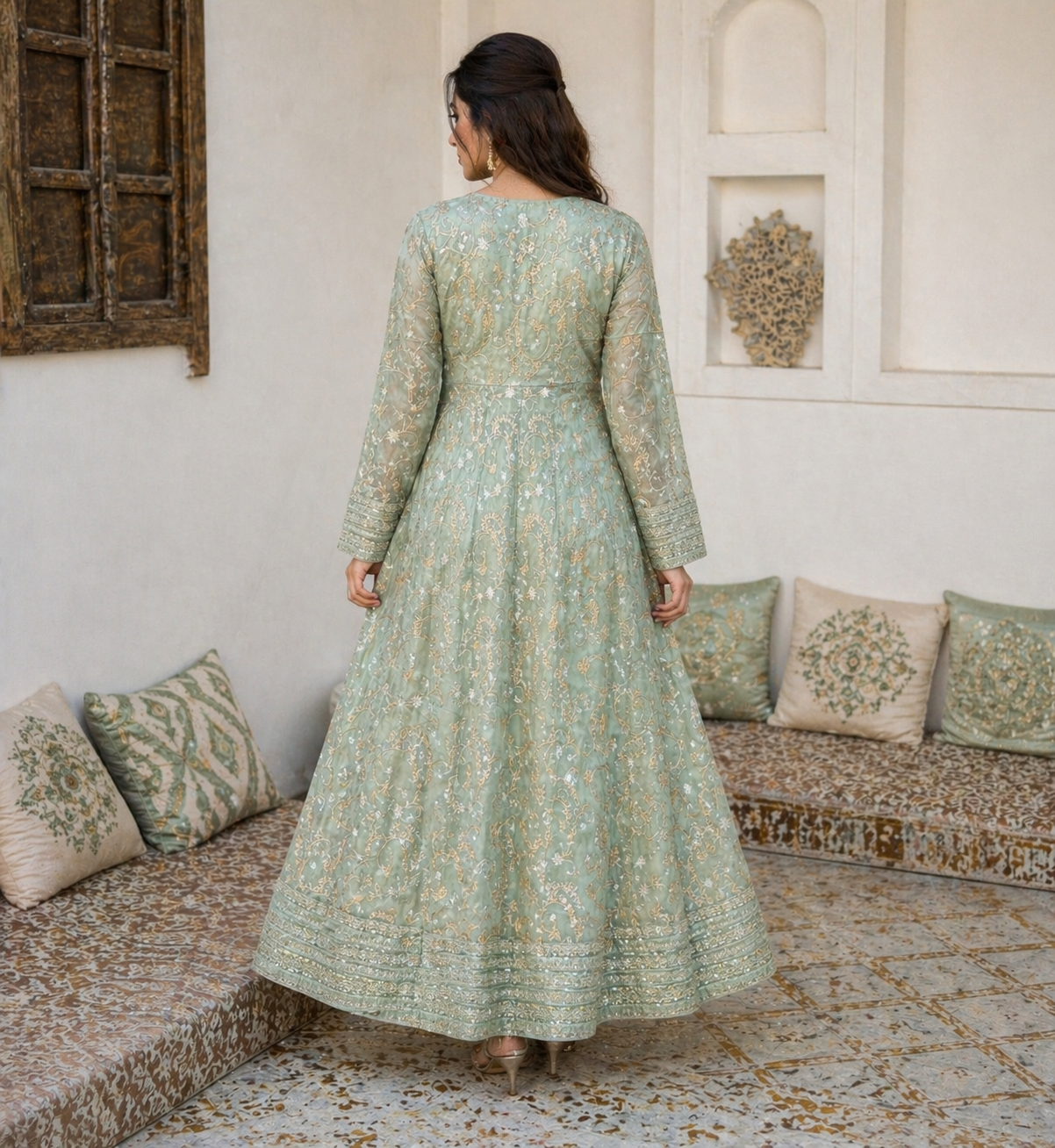 Elegant Afghan Traditional Dress Set – Mint Green 2