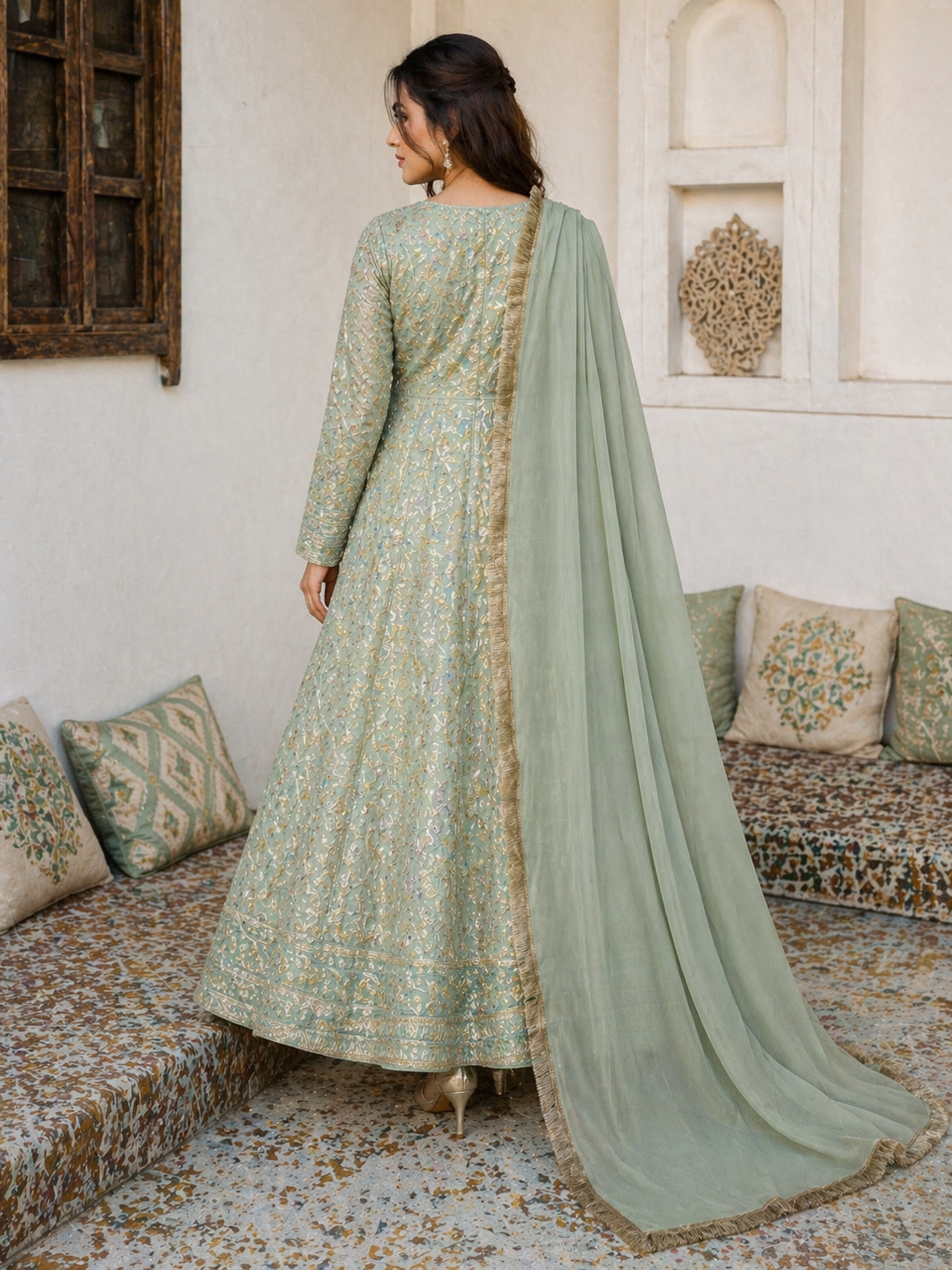 Elegant Afghan Traditional Dress Set – Mint Green 3