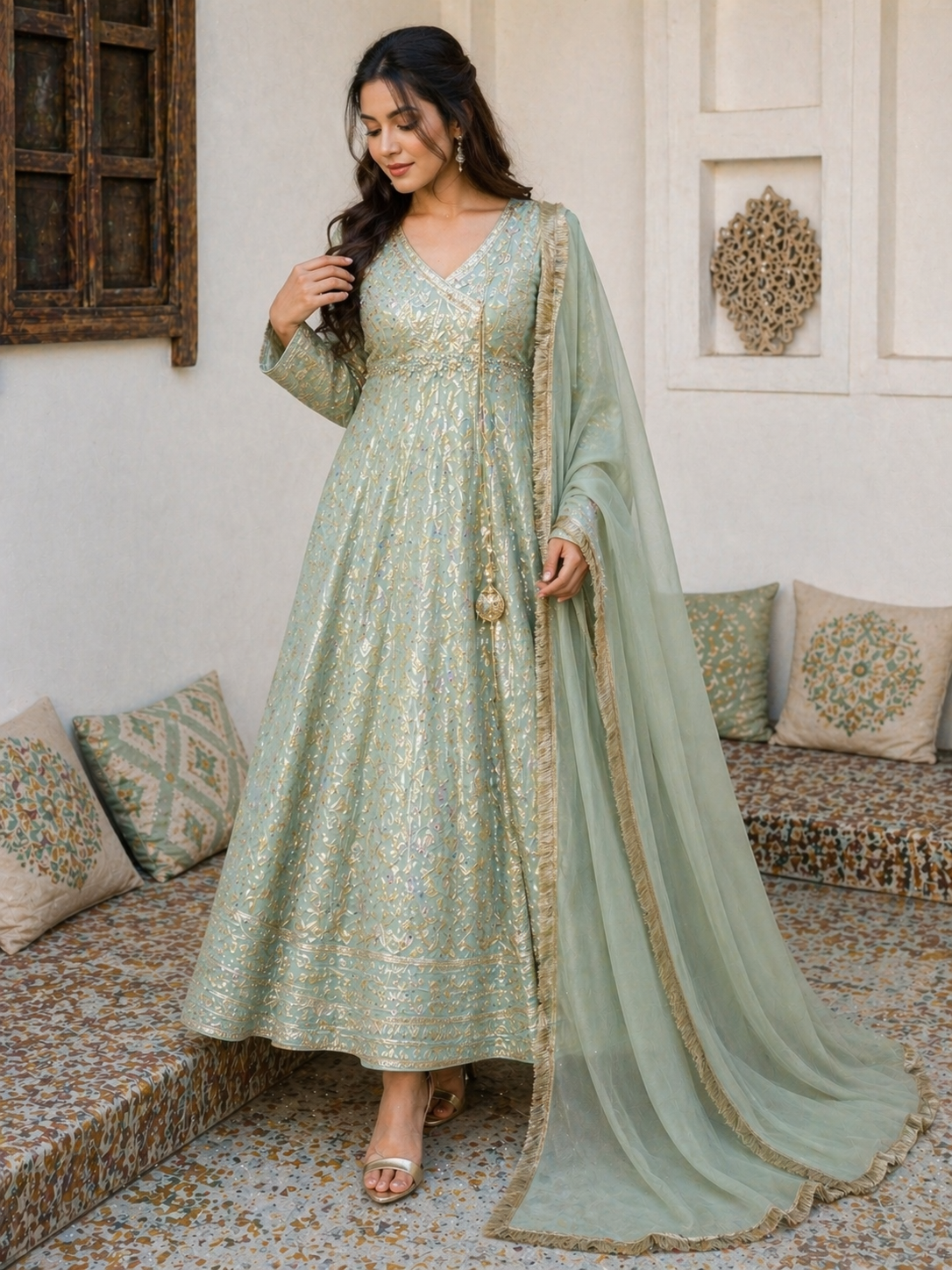 Elegant Afghan Traditional Dress Set – Mint Green 4