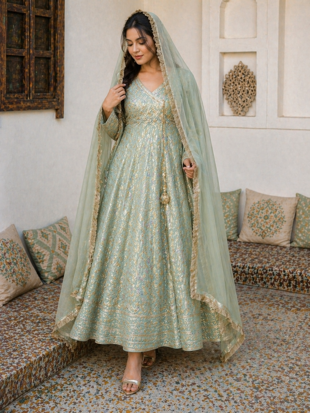 Elegant Afghan Traditional Dress Set – Mint Green 5